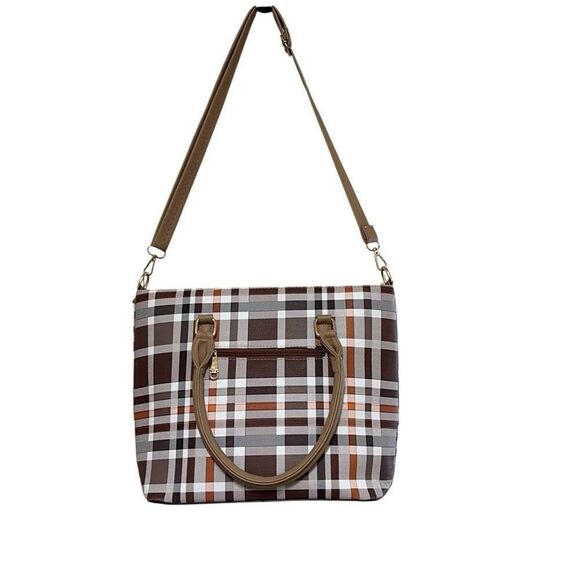 Kate Hill Brown Plaid Crossbody Shoulder Convertible Adjustable Handbag Purse - Picture 2 of 10